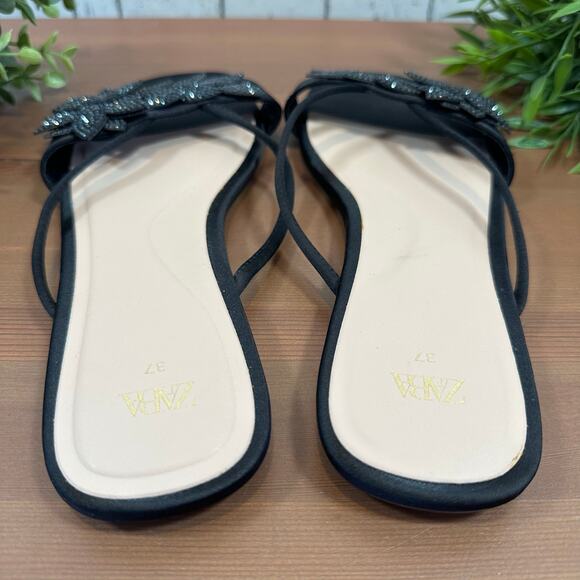 Zara Women's Rhinestone Floral Sandals Black Size 37 US 6.5 - Picture 4 of 8
